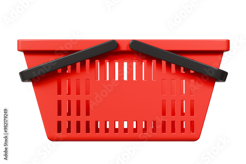 3D Red Shopping cart basket icon on isolated purple background. Online Shopping, E-Commerce shopping Concept. Minimal Cartoon Store red shopping basket. Advertising and buying commerce icon. 3d render