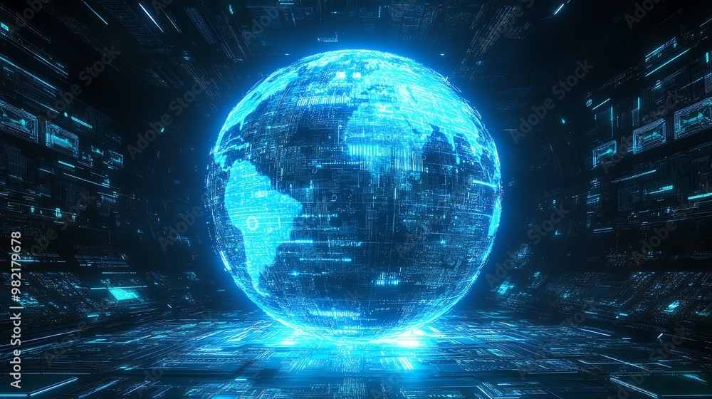 A glowing blue digital globe surrounded by a futuristic, abstract digital background. A glowing blue digital globe surrounded by a futuristic, abstract digital background.