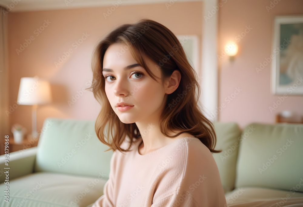 A serene young woman with soft features gazes thoughtfully, surrounded by cozy, pastel colored living room. warm ambiance enhances her calm expression, creating dreamy atmosphere A serene young woman with soft features gazes thoughtfully, surrounded by cozy, pastel colored living room. warm ambiance enhances her calm expression, creating dreamy atmosphere