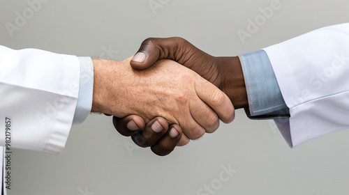 a close-up of two people shaking hands, one wearing business clothes and the other a medical coat, signifying confidence between a businessman and a doctor during a crucial meeting. 