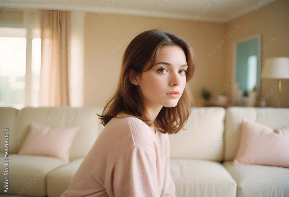 A young woman with brown hair sits thoughtfully on light colored sofa in cozy living room. soft lighting and pastel decor create dreamy, serene atmosphere A young woman with brown hair sits thoughtfully on light colored sofa in cozy living room. soft lighting and pastel decor create dreamy, serene atmosphere