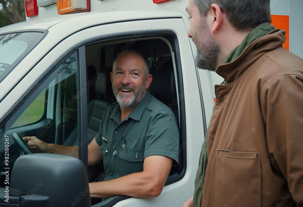 Friendly paramedic smiling in an ambulance while talking to man. scene captures warm interaction, showcasing caring nature of emergency services Friendly paramedic smiling in an ambulance while talking to man. scene captures warm interaction, showcasing caring nature of emergency services
