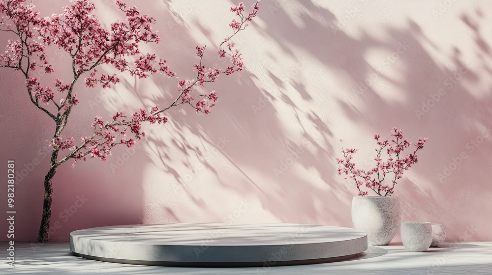 White Round Pedestal with Pink Blossoms and Soft Shadows White Round Pedestal with Pink Blossoms and Soft Shadows