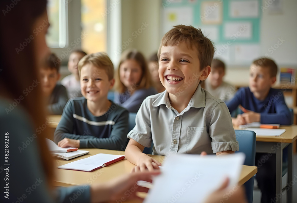 Happy schoolboy receiving test results from his teacher, surrounded by classmates in classroom setting. His joyful expression reflects excitement and anticipation Happy schoolboy receiving test results from his teacher, surrounded by classmates in classroom setting. His joyful expression reflects excitement and anticipation