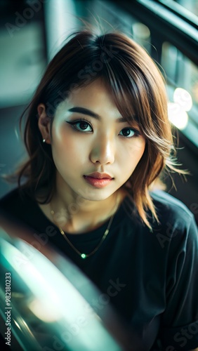 Portrait of a young Asian woman with short brown hair and dark eyes wearing a black tshirt looking at the camera with a serious expression photo