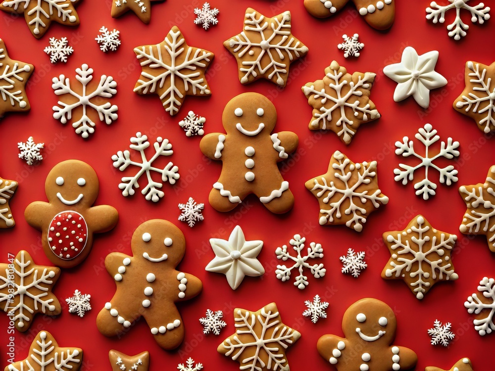 Rows of festive treats march across the crimson canvas, including pastry people, antlered friends, and delicate flakes, Rows of festive treats march across the crimson canvas, including pastry people, antlered friends, and delicate flakes,