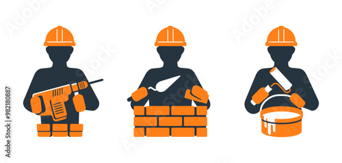 Workers brigade icons set - stonemason, installer, plasterer