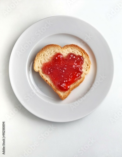 Creative healthy eating food love concept photo of slice of toast bread with jam in shape of heart on white plate on white background.