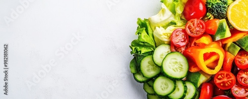 A fresh arrangement of colorful vegetables including lettuce, cucumber, tomato, and bell pepper, ideal for healthy recipes.