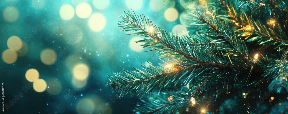 Fototapeta premium A close-up of a festive Christmas tree branch adorned with twinkling lights and a soft, dreamy bokeh background.