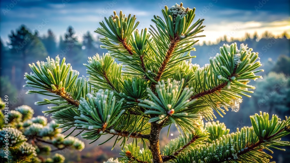 Rustic pine tree's weathered boughs rise toward the sky, cloaked in emerald-green foliage, with frosty dewdrops Rustic pine tree's weathered boughs rise toward the sky, cloaked in emerald-green foliage, with frosty dewdrops