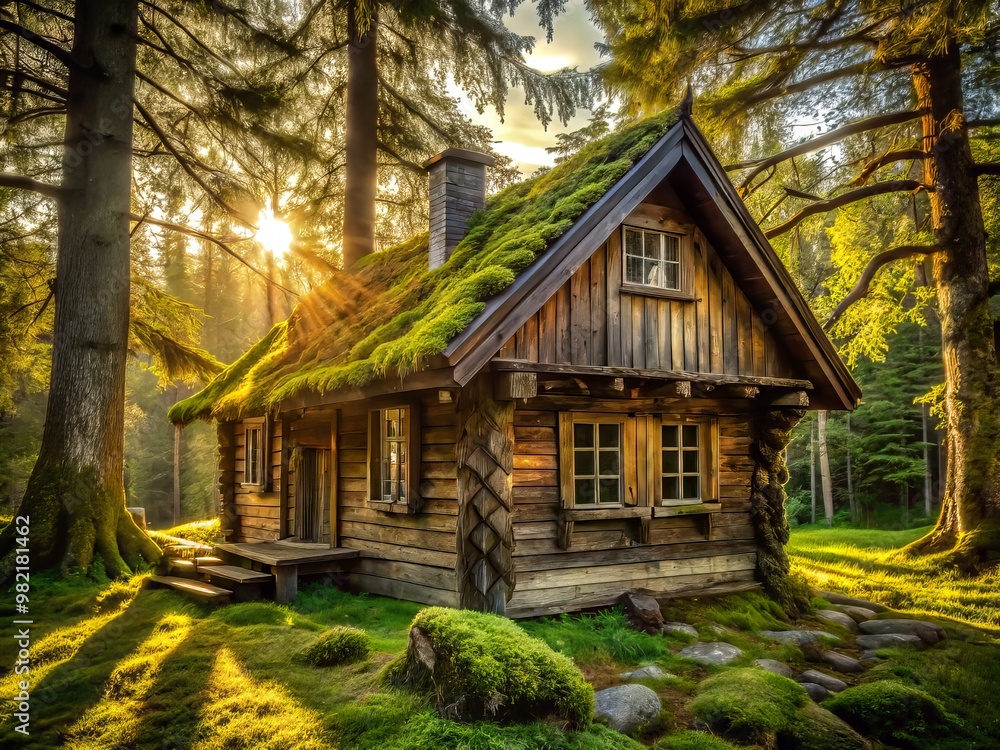 * Rustic wooden cabin's windows framed by ancient tree branches and moss, filtering dappled sunlight on worn wooden * Rustic wooden cabin's windows framed by ancient tree branches and moss, filtering dappled sunlight on worn wooden
