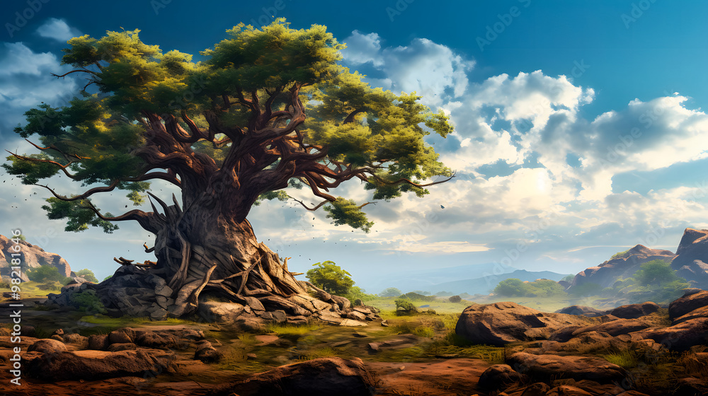 Landscape old tree with fresh green leaves and the light of the sunset behind it. suitable for desktop wallpaper and background Landscape old tree with fresh green leaves and the light of the sunset behind it. suitable for desktop wallpaper and background