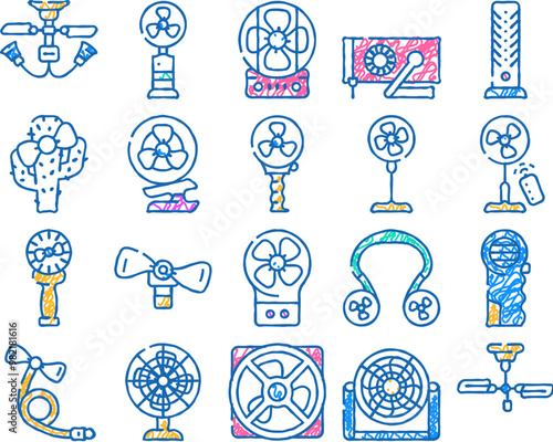 fan electronic cooling device doodle icons set vector. sketch line art ceiling and floor fan, children ventilator in cactus shape and connected mobile phone. gadget remote control color illustrations