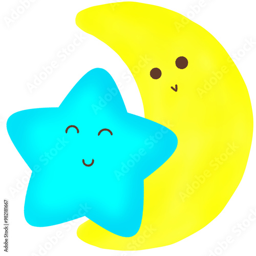 yellow and blue face on whiteBlue moon and stars 