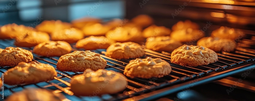 Freshly baked cookies cooling in an oven, showcasing a warm, inviting golden color. Perfect for dessert lovers and food photography. Freshly baked cookies cooling in an oven, showcasing a warm, inviting golden color. Perfect for dessert lovers and food photography.
