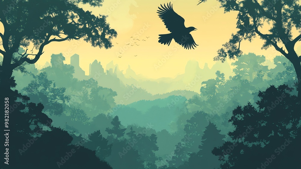 A silhouette of a bird flying over a green, misty forest in a yellow sunset. A silhouette of a bird flying over a green, misty forest in a yellow sunset.