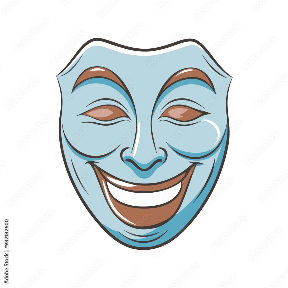 A smiling blue theatrical mask with a joyful expression on a white background A smiling blue theatrical mask with a joyful expression on a white background