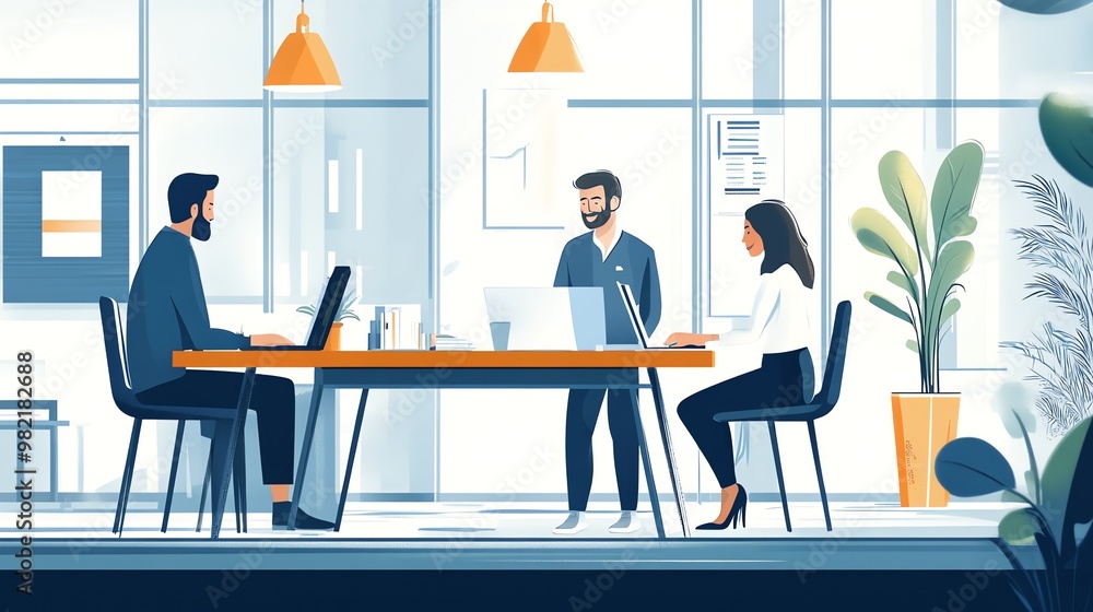 Illustration of three people working together in a modern office. Illustration of three people working together in a modern office.