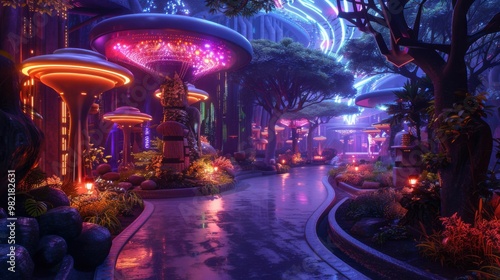 A neon forest with purple trees and a purple mushroom