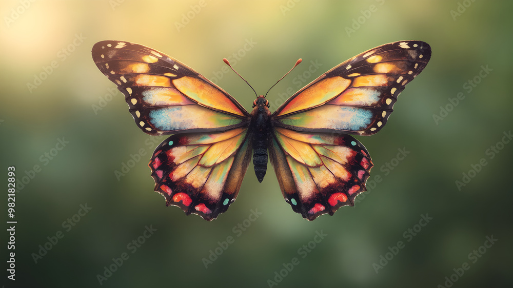 A vibrant butterfly with glowing orange, blue, and purple wings, fluttering gracefully against a dreamy, bokeh-lit background A vibrant butterfly with glowing orange, blue, and purple wings, fluttering gracefully against a dreamy, bokeh-lit background