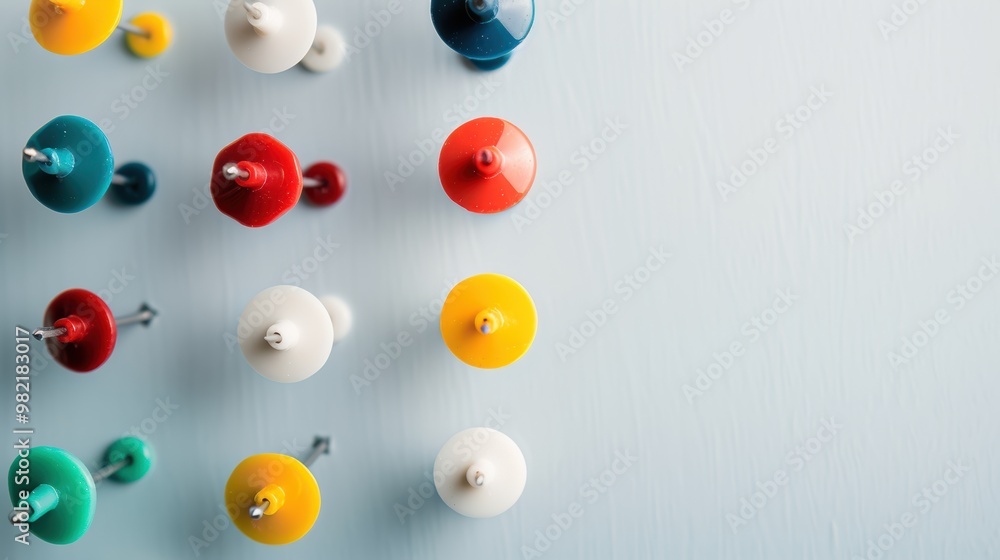 A collection of push pins with different colored heads, arranged in a geometric pattern on a white background. A collection of push pins with different colored heads, arranged in a geometric pattern on a white background.