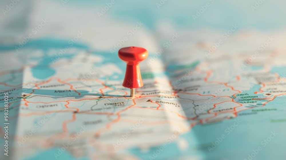 A map pin with a shadow cast on a map, creating a sense of depth and perspective. A map pin with a shadow cast on a map, creating a sense of depth and perspective.