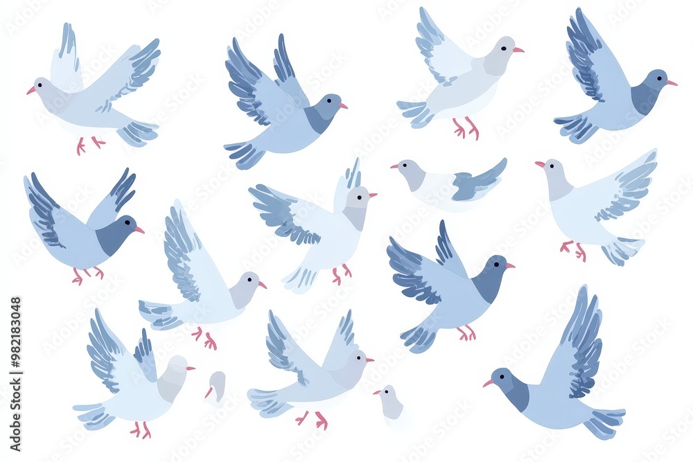 Obraz premium A collection of cartoon-style blue birds showcasing various poses and expressions.. Beautiful simple AI generated image