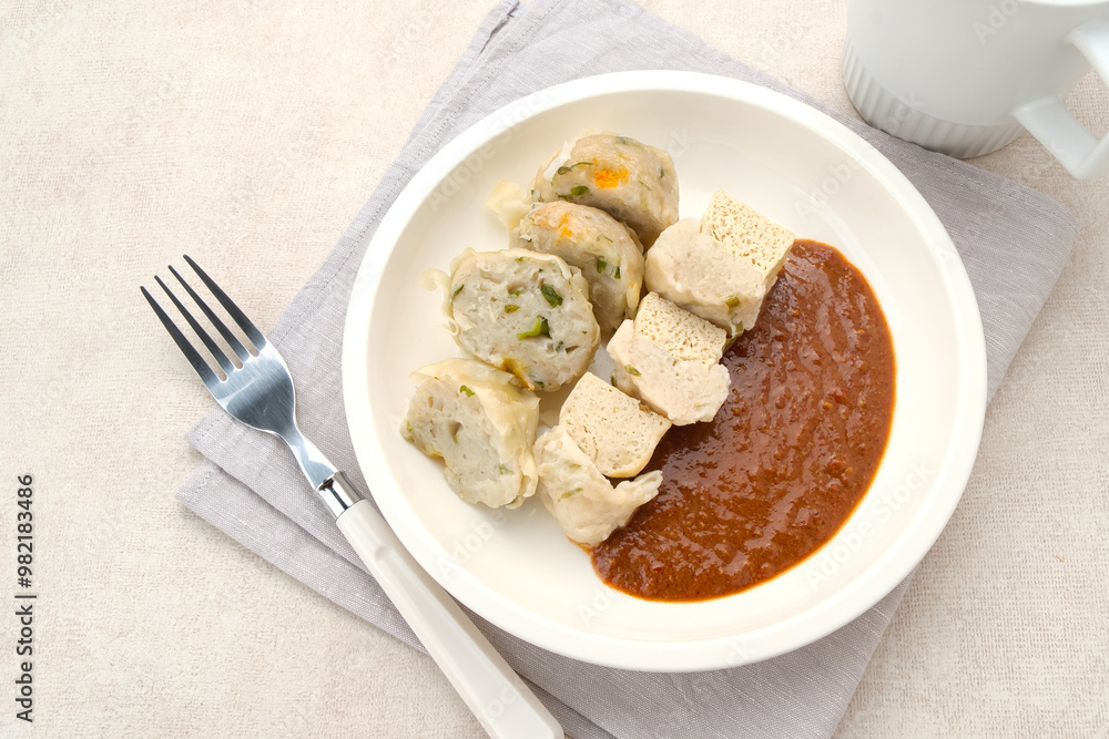 Siomay Bandung (Shumay) or steamed dumplings with boiled tofu. Indonesian traditional street food with peanut sauce.
Siomay Bandung (Shumay) or steamed dumplings with boiled tofu. Indonesian traditional street food with peanut sauce.