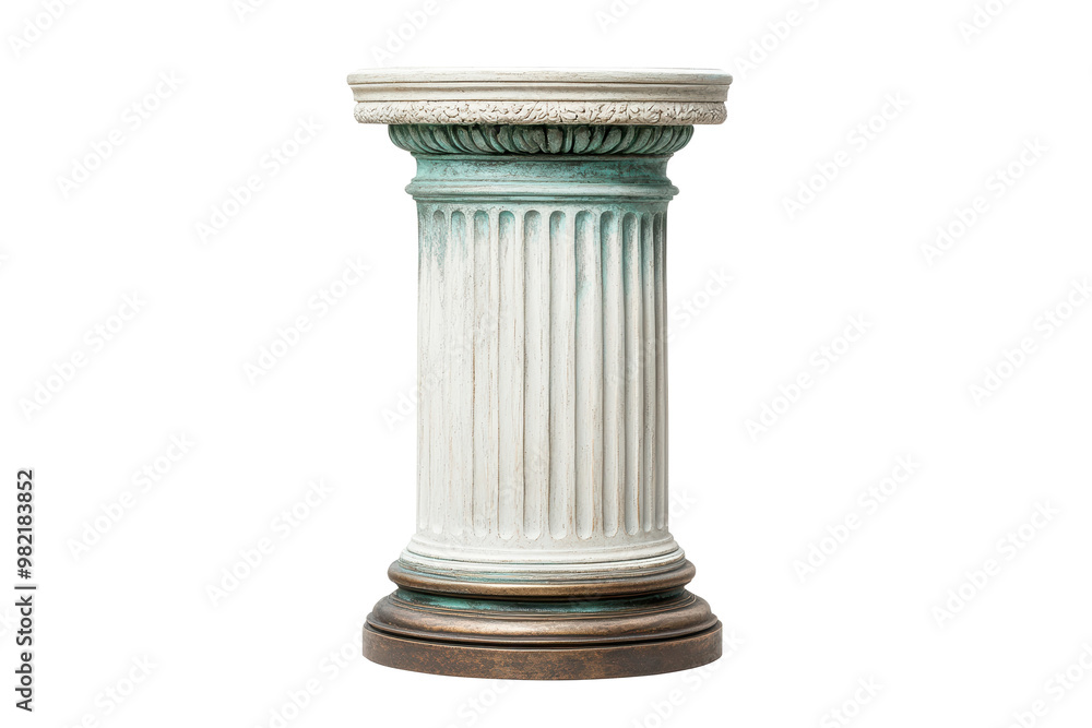 Classic Roman column pedestal with intricate detailing and a weathered patina finish. Ideal for traditional decor or architectural display. Isolated on transparent background, png. Classic Roman column pedestal with intricate detailing and a weathered patina finish. Ideal for traditional decor or architectural display. Isolated on transparent background, png.