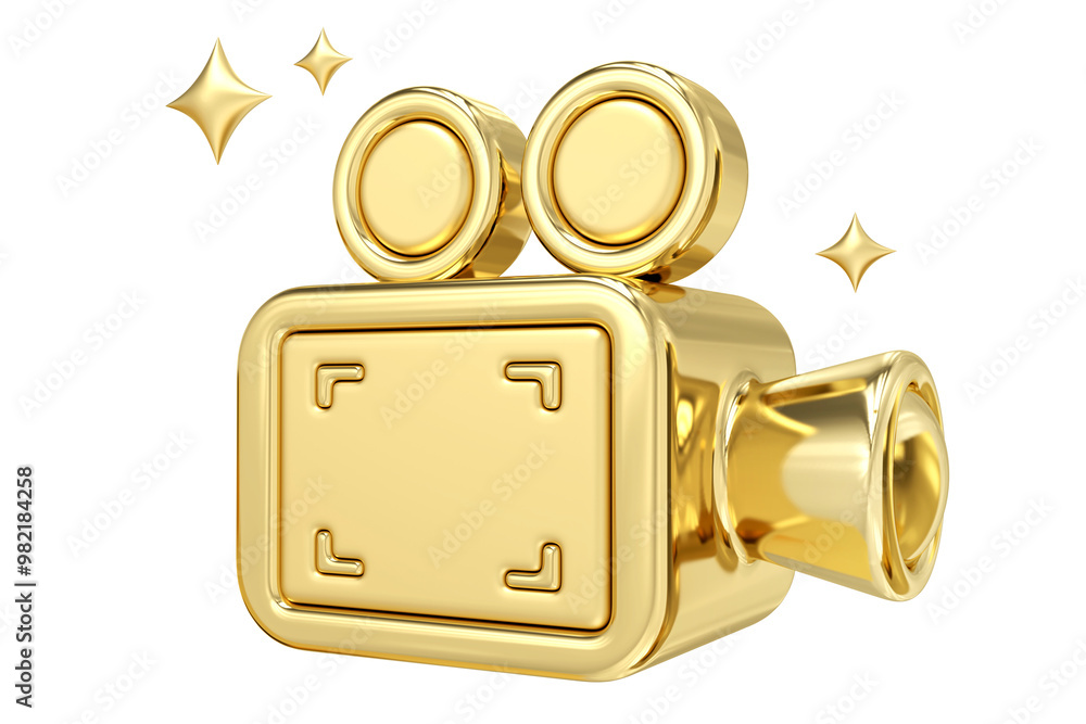 Golden Video Icon, A shining representation of a vintage film camera, rendered in luxurious gold, symbolizes the allure and prestige of filmmaking and visual storytelling, 3d rendering