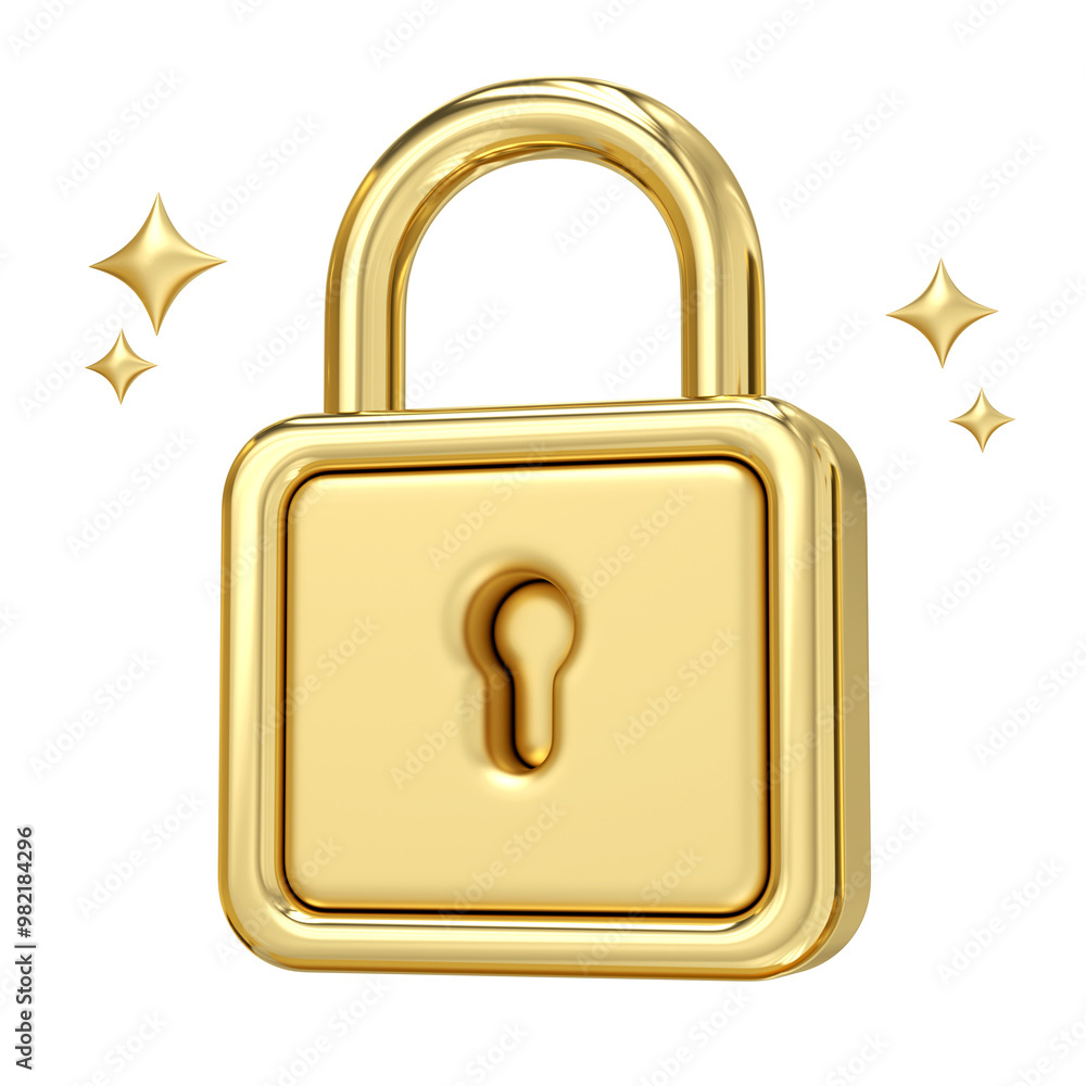 Golden Lock of Security, A gleaming, 3D rendering golden lock, radiating sparkles and trustworthiness, representing digital safety and data protection