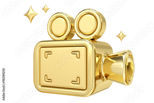 Obraz na płótnie Golden Video Icon, A shining representation of a vintage film camera, rendered in luxurious gold, symbolizes the allure and prestige of filmmaking and visual storytelling, 3d rendering w salonie
