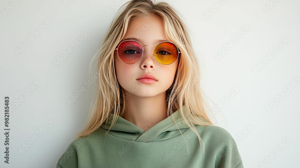 Blonde girl in green hoodie with gradient sunglasses Blonde girl in green hoodie with gradient sunglasses