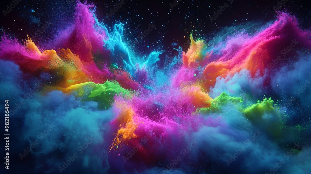 A colorful explosion of powder against a black background. A colorful explosion of powder against a black background.