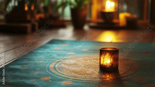 Yoga mat with astrological designs and candlelight in a serene indoor space