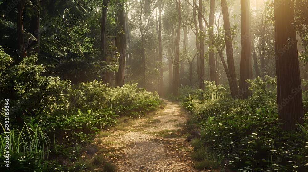 Fototapeta premium Serene Forest Pathway with Sunlight - Nature Trail Illustration of Peaceful Forest Landscape.