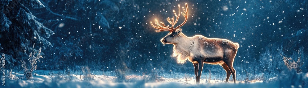 A majestic reindeer stands in a snowy forest, illuminated by soft light, creating a serene winter scene filled with magic. A majestic reindeer stands in a snowy forest, illuminated by soft light, creating a serene winter scene filled with magic.