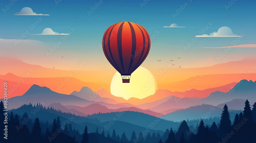 A red hot air balloon flies over a mountain range at sunset. A red hot air balloon flies over a mountain range at sunset.