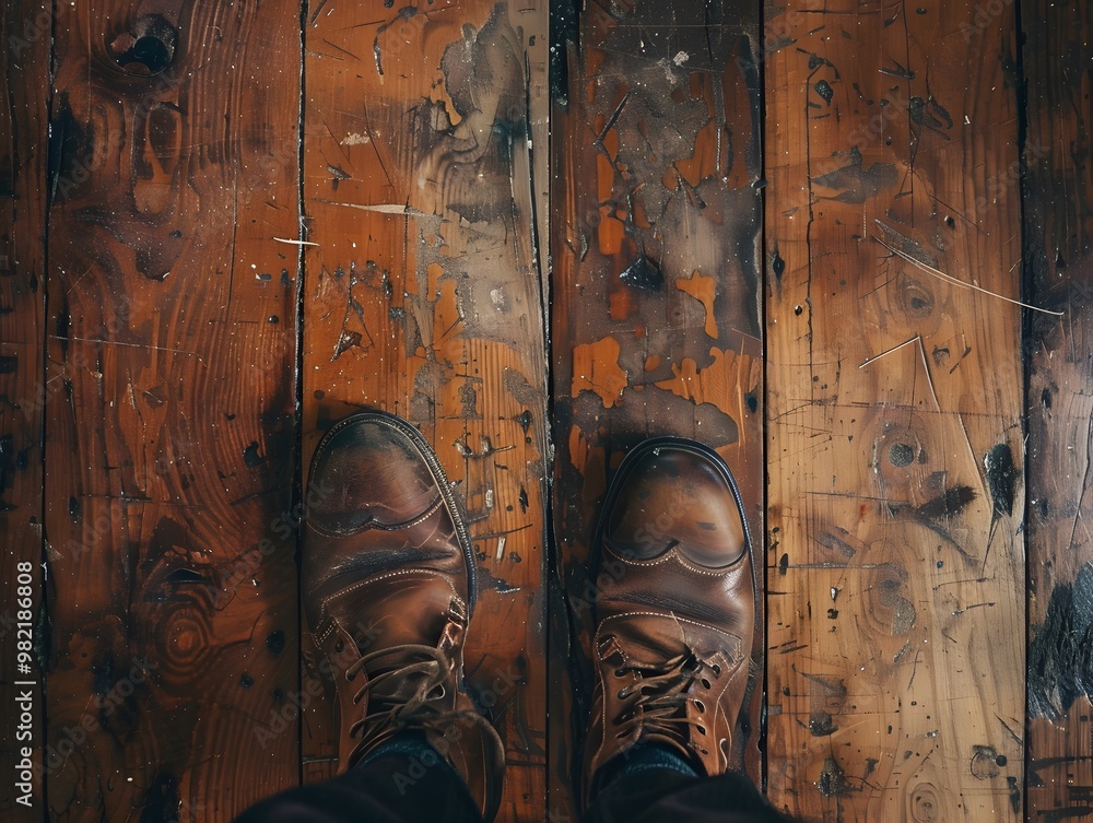 Fototapeta premium A pair of brown leather boots stand on a worn wooden floor.