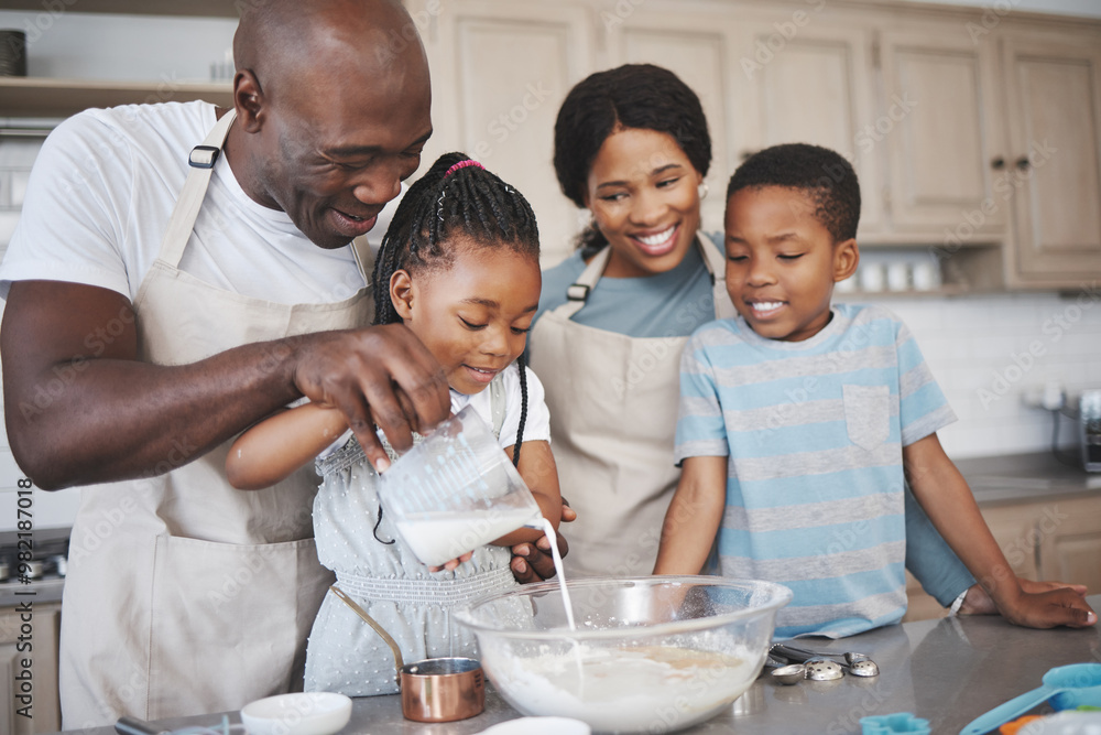 Milk, baking and black family in kitchen for bonding, learning and skill development in home. Mixing bowl, ingredients and African parents teaching children to cook for growth and fun at house. Milk, baking and black family in kitchen for bonding, learning and skill development in home. Mixing bowl, ingredients and African parents teaching children to cook for growth and fun at house.
