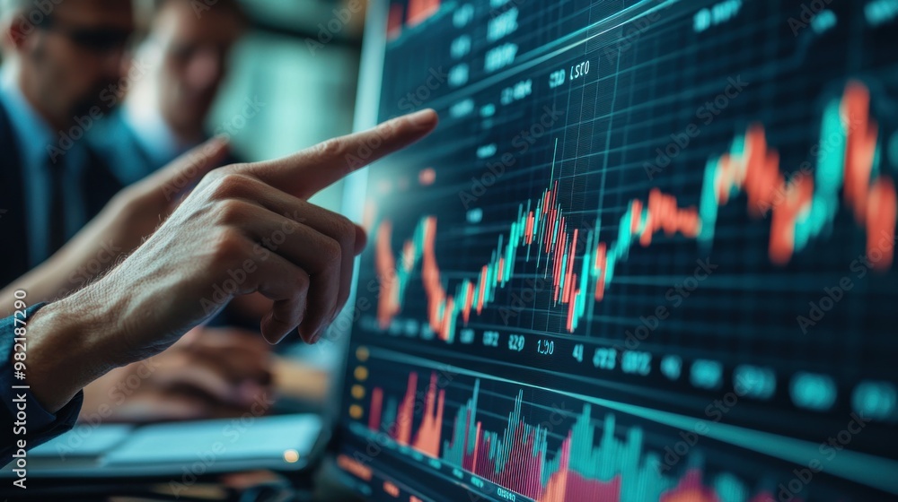 Financial Conference: Hand Pointing at Digital Downward Trend, Audience Nodding Agreement Financial Conference: Hand Pointing at Digital Downward Trend, Audience Nodding Agreement