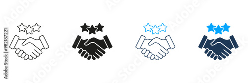 Handshake With Stars Pictogram. Best Partnership Line and Silhouette Icon Set. Client Review Symbol. Business Communication And Support. Editable Stroke. Isolated Vector Illustration
