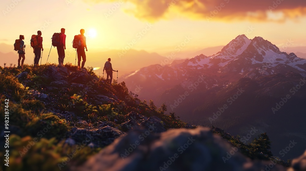 Hikers Exploring Mountain Ranges at Sunrise and Autumn. Hikers Exploring Mountain Ranges at Sunrise and Autumn.