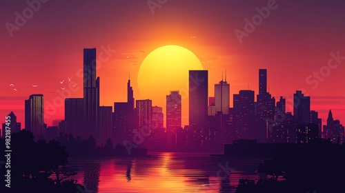 Silhouette of a city skyline at sunset with a large sun in the background.