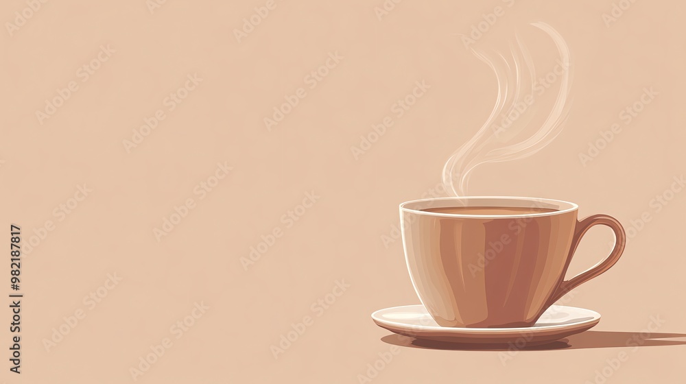 Obraz premium A steaming cup of coffee on a saucer against a soft beige background.