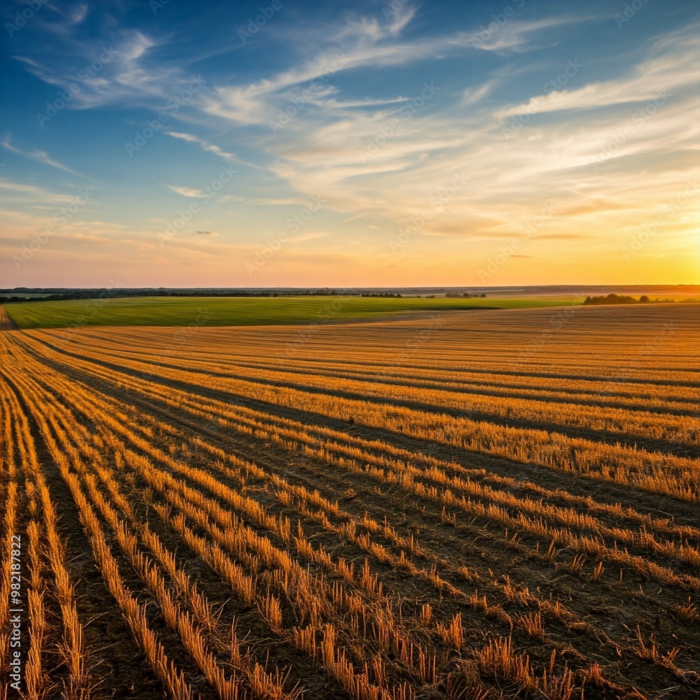 A freshly harvested field under clear weather.