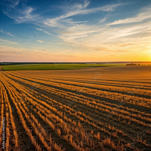 A freshly harvested field under clear weather.