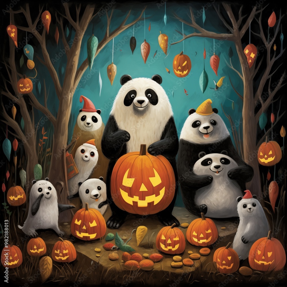 Obraz premium halloween pumpkin and ghost,Generative Ai illustration,panda halloween