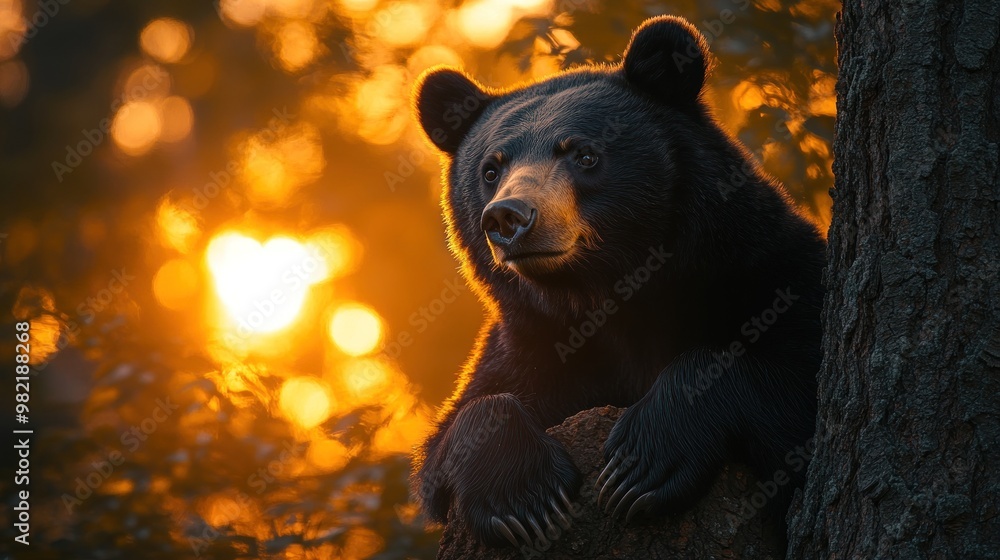 A bear resting on a tree trunk during a sunset. A bear resting on a tree trunk during a sunset.